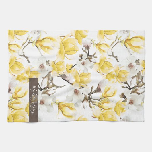 Geel en wit Magnolia Blossom Waterverf Patroon Theedoek (Horizontaal)