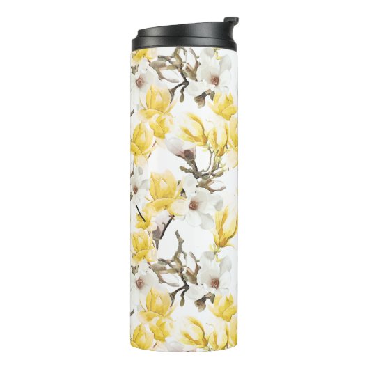 Geel en wit Magnolia Blossom Waterverf Patroon Thermosbeker (Gedraaid links)