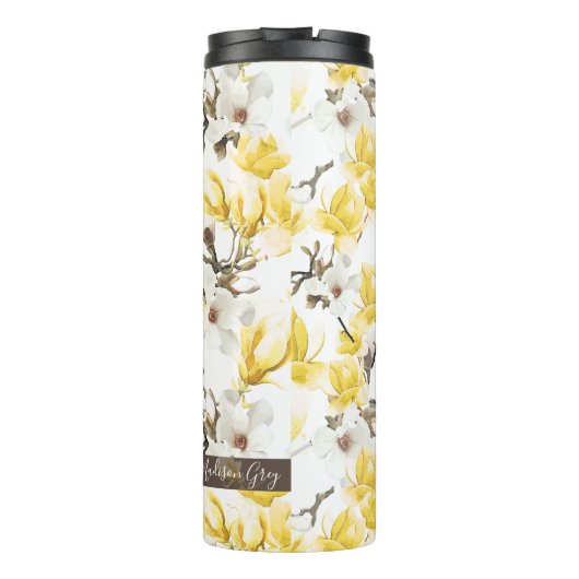 Geel en wit Magnolia Blossom Waterverf Patroon Thermosbeker (Achterkant)