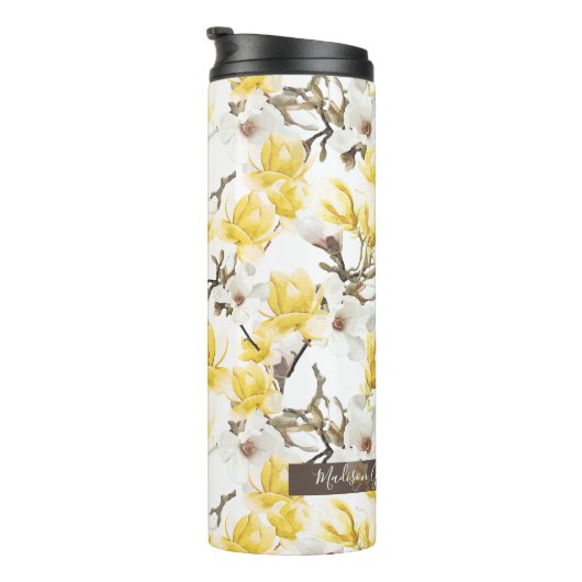 Geel en wit Magnolia Blossom Waterverf Patroon Thermosbeker (Geroteerd rechts)