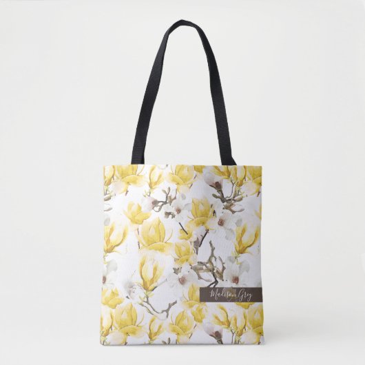 Geel en wit Magnolia Blossom Waterverf Patroon Tote Bag (Voorkant)