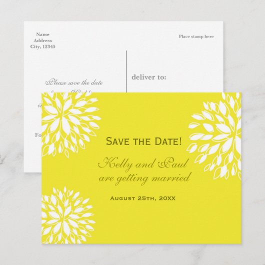 Geel en wit moderne bloemige bruiloftspostkaart aankondigingskaart (Voorkant / Achterkant)