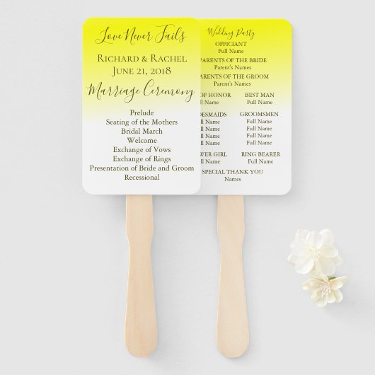 Geel en wit ombre Wedding Programme Handwaaier (Voorkant en achterkant)