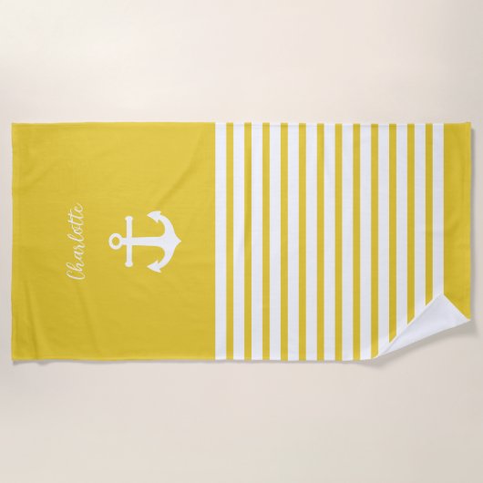 Geel en wit Stripes Nautical Personalized Strandlaken (Voorkant)