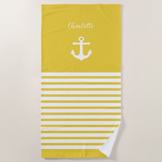 Geel en wit Stripes Nautical Personalized Strandlaken (Voorkant)