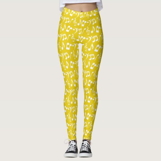 Geel en witte Muzieknoten Leggings (Voorkant)