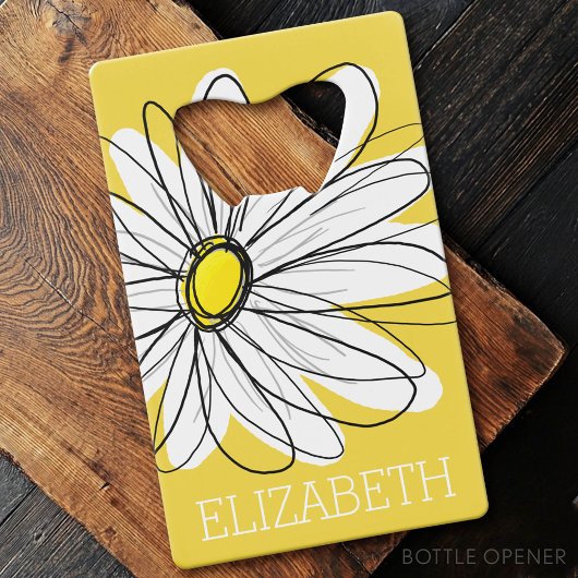 Geel en Witte Whimsical Daisy met de Tekst van de  Creditkaart Flessenopener