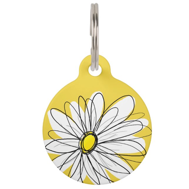 Geel en Witte Whimsical Daisy met de Tekst van de  Huisdierpenning (Voorkant)