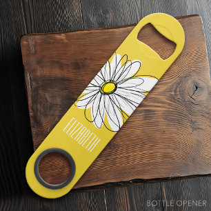 Geel en Witte Whimsical Daisy met de Tekst van de  Speed Flessenopener