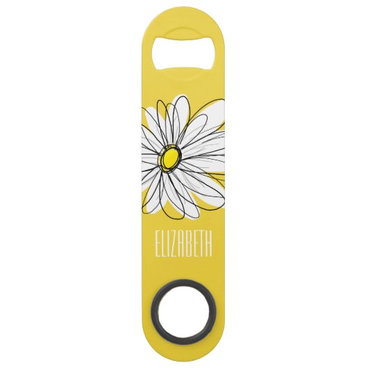 Geel en Witte Whimsical Daisy met de Tekst van de  Speed Flessenopener (Voorkant)