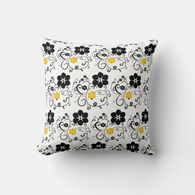 Geel en zwart Abstract Floral Patroon Kussen (Voorkant)