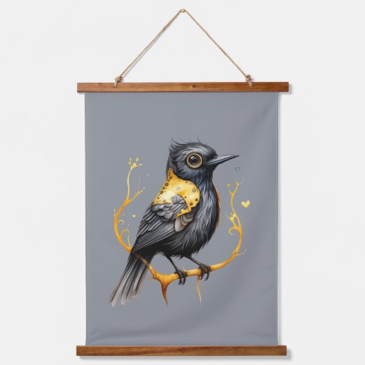 Geel en Zwart Abstract Geel Gevleugeld Blackbird Hangend Wandkleed (Voorkant)