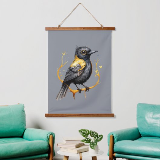 Geel en Zwart Abstract Geel Gevleugeld Blackbird Hangend Wandkleed (Woonkamer)