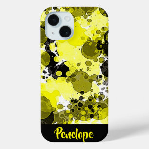 Geel en zwart Abstract schilderplaatje met naam iPhone 15 Case