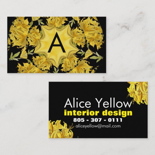 Geel en zwart Azalea Monogram Visitekaartje (Voorkant / Achterkant)