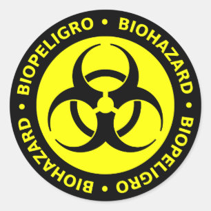 Geel en zwart Bilingual Biohazard Sticker