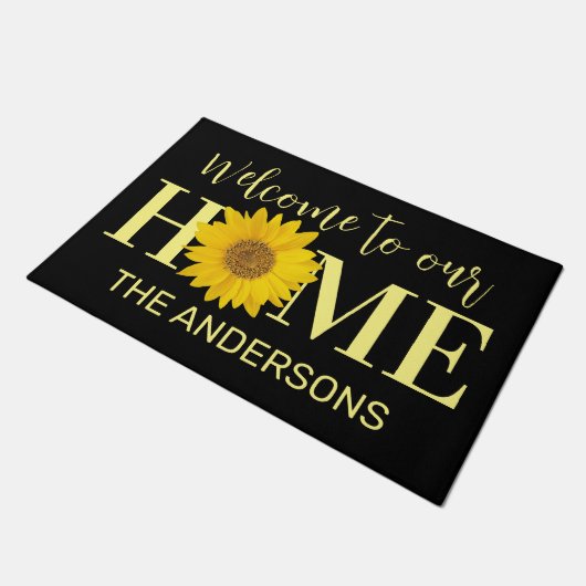 Geel en Zwart Custom Name Sunflower Welkom Deurmat (Schuin)