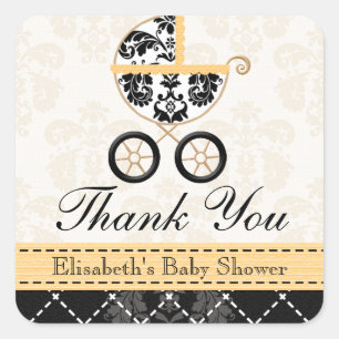 GEEL en Zwart Damask Baby Carriage Bedankt Vierkante Sticker