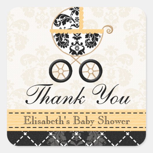 GEEL en Zwart Damask Baby Carriage Bedankt Vierkante Sticker (Voorkant)