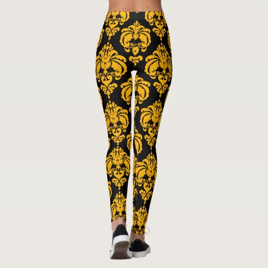Geel en zwart Damask Chic Modern Elegant Patroon Leggings (Achterkant)