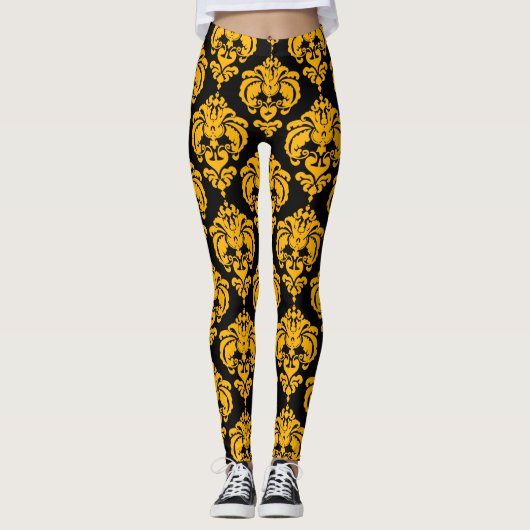Geel en zwart Damask Chic Modern Elegant Patroon Leggings (Voorkant)