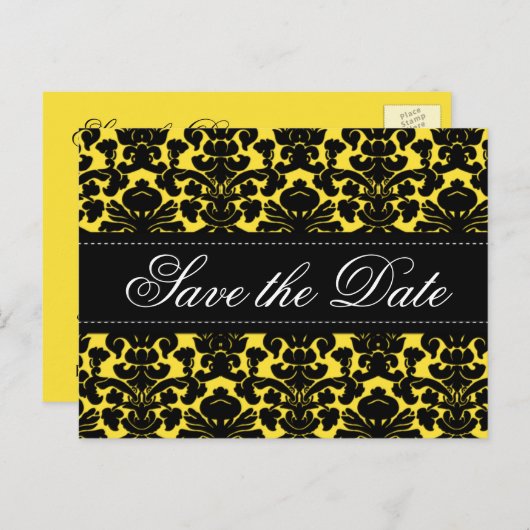 Geel en zwart Damask Save the Date Kaart (Voorkant / Achterkant)