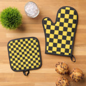 Geel en zwart dambordpatroon ovenwant & pannenlap set (Top down)