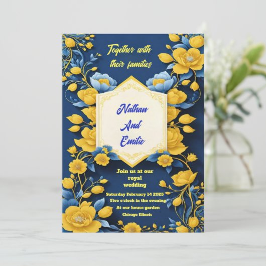 Geel en zwart elegante bruiloft uitnodiging (Staand voorkant)