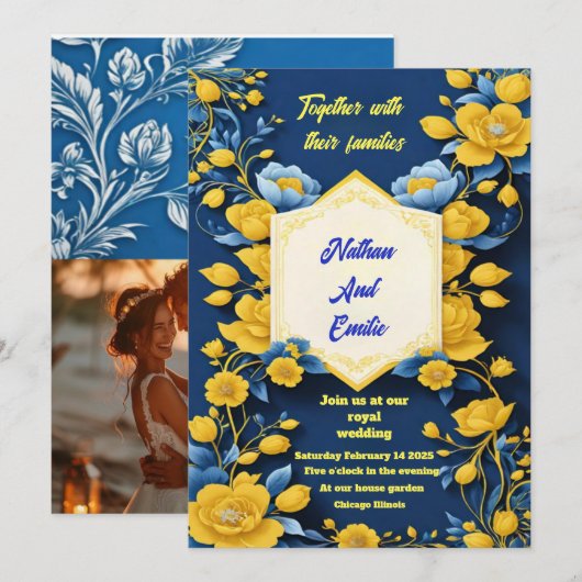 Geel en zwart elegante bruiloft uitnodiging (Voorkant / Achterkant)