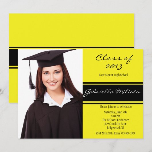 Geel en zwart Foto Afstuderen Uitnodiging (Voorkant / Achterkant)