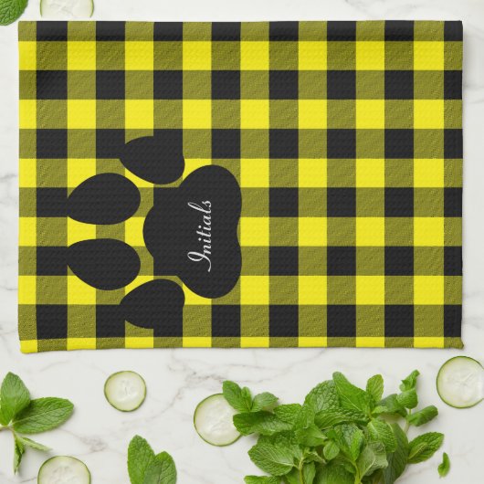Geel en zwart geruite paw print keukenhanddoek (Gevouwen)