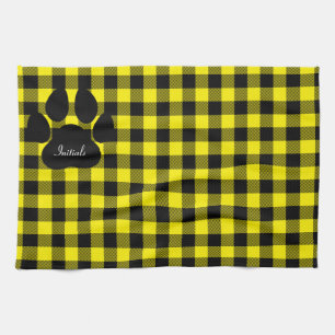 Geel en zwart geruite paw print keukenhanddoek