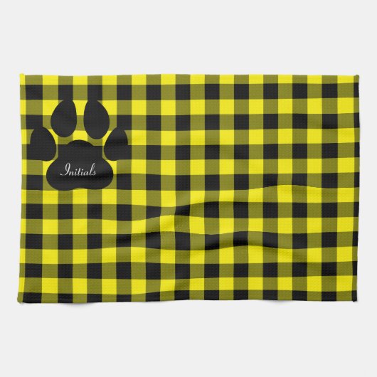 Geel en zwart geruite paw print keukenhanddoek (Horizontaal)