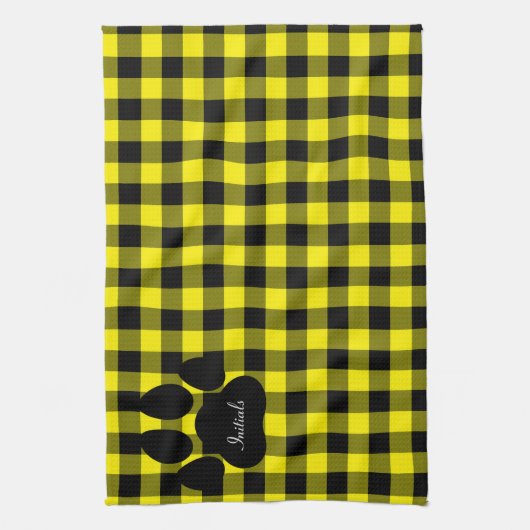 Geel en zwart geruite paw print keukenhanddoek (Verticaal)