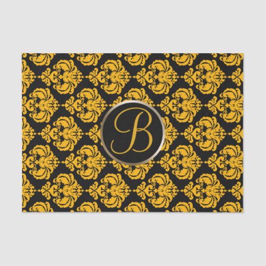 Geel en zwart Glam Damask Monogram Letter Initiaal Tissuepapier (Voorkant)