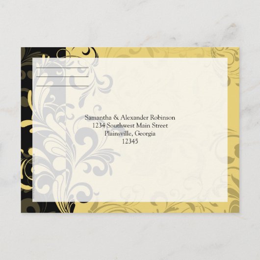 Geel en Zwart Hedendaagse Swirl RSVP Reactie Uitnodiging Briefkaart (Achterkant)
