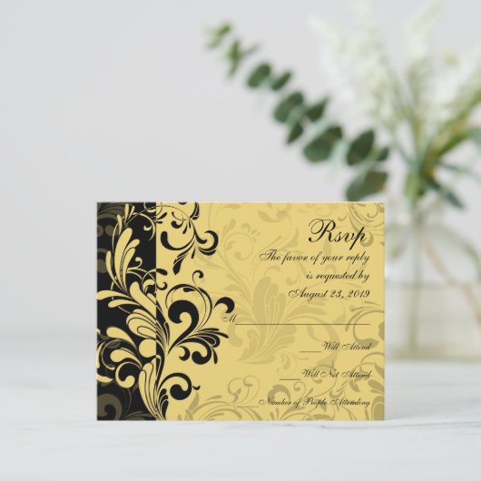 Geel en Zwart Hedendaagse Swirl RSVP Reactie Uitnodiging Briefkaart (Staand voorkant)