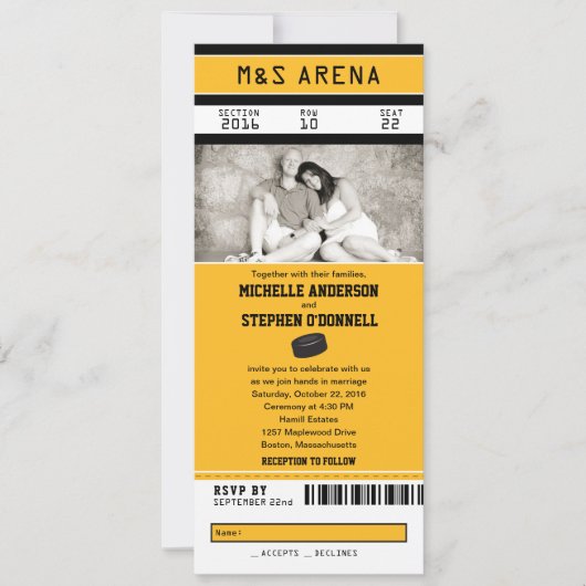 Geel en zwart Hockey Sport Ticket Wedding Kaart (Voorkant)