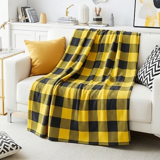 Geel en zwart kariert fleece deken