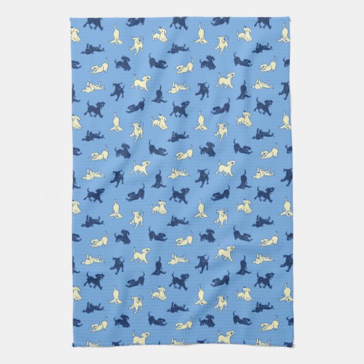 Geel en Zwart Lab Puppies Schattige Fun Blue Theedoek (Verticaal)