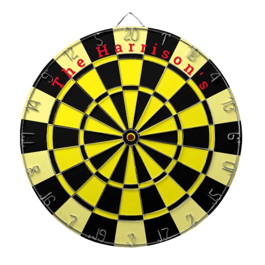  geel en zwart met aangepaste tekst dartbord (Voorkant)