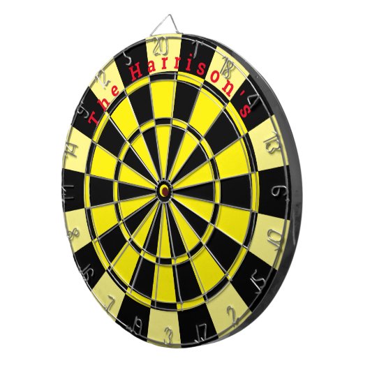  geel en zwart met aangepaste tekst dartbord (Voorkant Rechts)