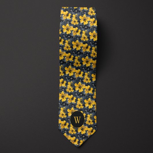 Geel en zwart Waterverf Floral Monogram Stropdas