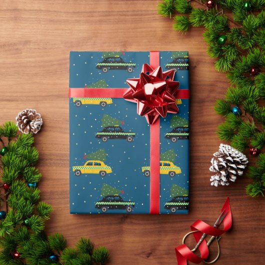 Geel en Zwarte Cab Taxi Kerstblauw Cadeaupapier (Feestdagen Geschenken)