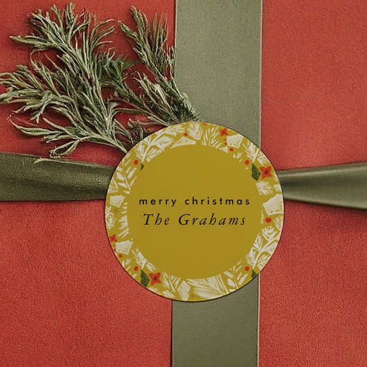 Geel Feestelijk Botanisch Kerststuk Ronde Sticker