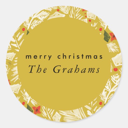 Geel Feestelijk Botanisch Vakantiemerk Ronde Sticker (Voorkant)