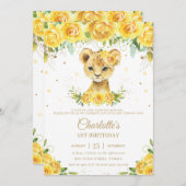 Geel Floral Geel goud, zoete lion Cub, 1e verjaard Kaart (Voorkant / Achterkant)