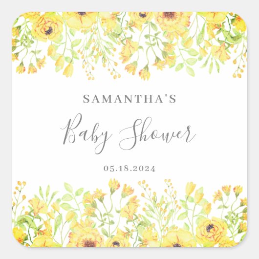  geel Floral Genderneutraal Baby shower Vierkante Sticker (Voorkant)