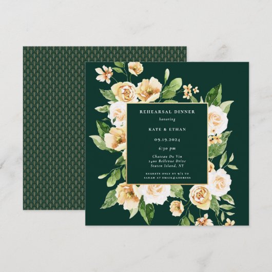 Geel Floral Lijst Emerald Rehearsal Dinner Kaart (Voorkant / Achterkant)