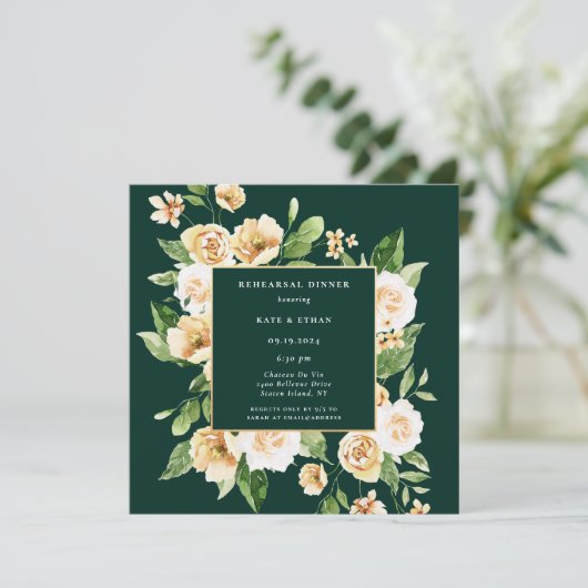 Geel Floral Lijst Emerald Rehearsal Dinner Kaart (Staand voorkant)